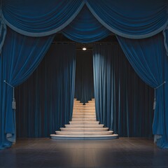 Fototapeta premium Grand staircase behind blue curtains with dramatic theatrical lighting