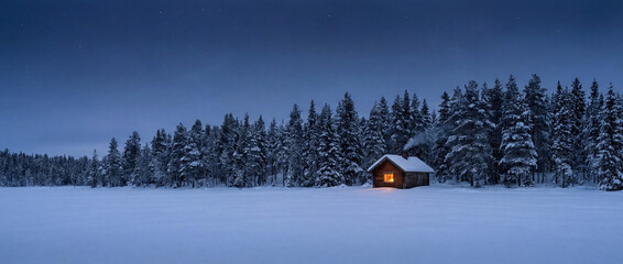 Cozy winter cabin among snow-covered landscape at twilight with warm light glowing from windows. Winter scene showcases serene atmosphere with tall evergreen trees surrounding cabin.