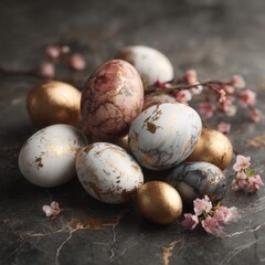 Elegant marble and gold easter eggs with cherry blossoms on marble surface