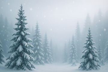 Tall pine trees blanketed in snow within a misty forest, creating a cold, serene, and atmospheric winter landscape..