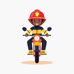 Happy African American Male Firefighter Riding Motorcycle, isolated white background.