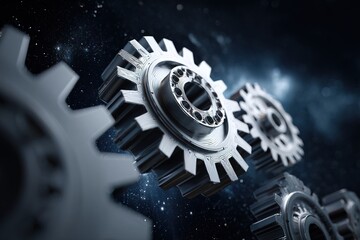 Metal gears and cogwheels close-up on dark background, mechanism and industrial engineering concept
