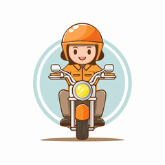 Happy female delivery driver wearing an orange helmet, riding a motorcycle, on an isolated white background.