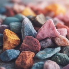 Vibrant multicolored stones in sunlight: pink, blue, and yellow textured rocks