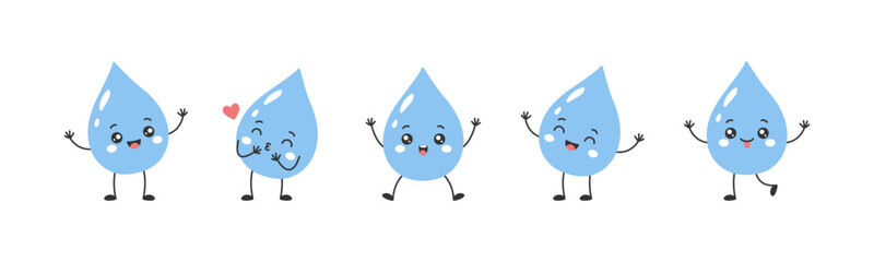 Cute water drop characters set with fun emotions and playful poses