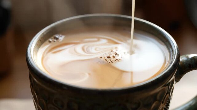 Milk Pouring into a Mug of Tea - A close-up video shows milk being poured into a mug of tea. The hot tea has steam coming from the surface, and the milk forms a swirling pattern as it mixes into the