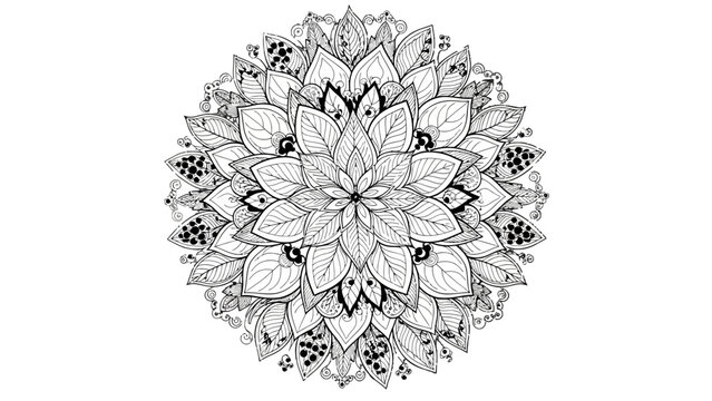 Intricate Mandala: A captivating mandala, a mesmerizing dance of complex patterns and symmetry, blooms with floral motifs in monochrome tones, inspiring creativity and tranquility.