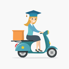 Happy female graduate student riding a blue scooter and delivering a package, on an isolated white background.