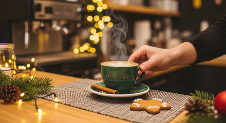 Person holding steaming coffee cup with cookies in cozy kitchen  