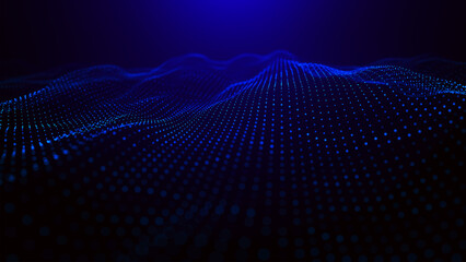 An abstract colorful wave of glowing dots that creates the illusion of moving waves on a dark background. The visualization resembles a dynamic vector 3D wave that combines technology, art of the