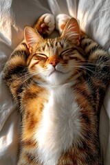 Cute tabby cat relaxing lying on back under warm sunlight rays at home