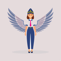 Confident female pilot standing with impressive decorative wings, symbolizing strength in aviation and aspiration, in a bright studio.