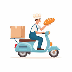 Cheerful male baker riding a light blue scooter and holding freshly baked bread, representing artisanal delivery service, in a bright studio.