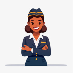 Confident female flight attendant standing with arms crossed and smiling warmly, embodying professionalism and hospitality, in a bright studio.