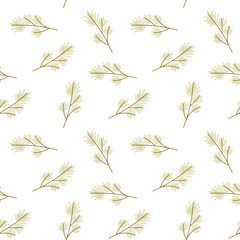 Pine branch seamless pattern with elegant winter greenery on white background for seasonal decor and modern packaging
