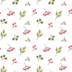 Winter botanical berry seamless pattern with elegant leafy branches and red holiday berries on white background