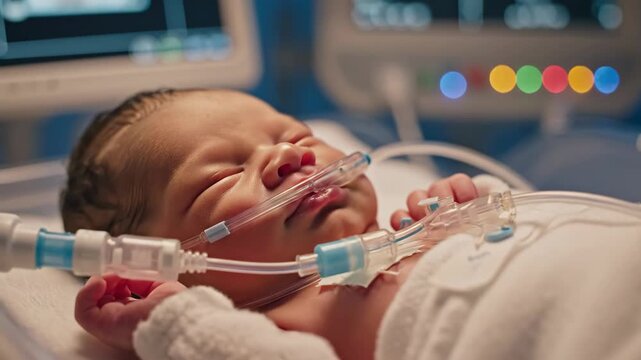 Premature Baby in NICU - A premature baby is lying in a hospital bed in the neonatal intensive care unit, connected to medical equipment.