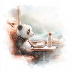 Adorable panda on train journey with books and flask