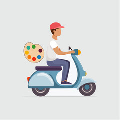 Creative male riding a light blue scooter with a painter's palette, delivering art supplies or art, in a bright studio.