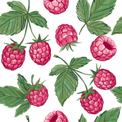 Raspberry, berry, seamless pattern, set of hand-drawn illustrations, pencil drawing