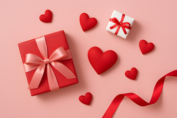 Flat lay of red and white Valentine&rsquo;s gift boxes with ribbons and 3D hearts, arranged on a soft pink backdrop..