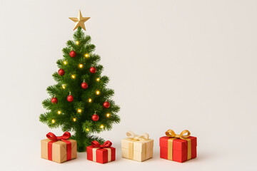 Festive Christmas tree with red baubles, golden star, and glowing lights surrounded by neatly wrapped presents on a plain background..