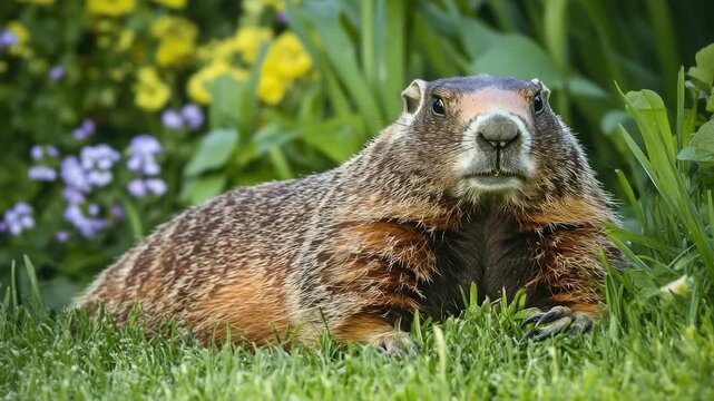 Footage A groundhog relaxes in the grass with colorful flowers in the background, great for spring or nature-themed projects