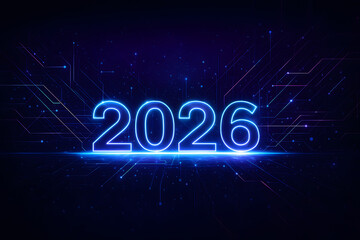 Futuristic glowing "2026" in blue light on a digital abstract background, great for New Year, future tech, or innovation themes..