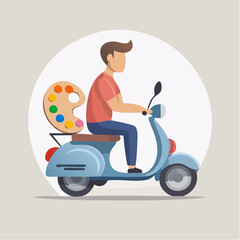 Young man artist riding a scooter with a painter's palette on the back, concept of creative delivery, in a bright studio.