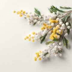 Yellow and white mimosa flowers with pine sprigs on light background