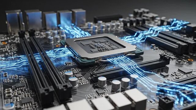 CPU on Motherboard with Glowing Data Streams - A close-up shot depicts a CPU socket and processor installed on a modern motherboard, enhanced by vibrant blue light streams simulating data flow.