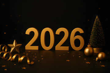 Golden numbers &ldquo;2026&rdquo; with festive decorations, Christmas tree, ornaments, and ribbons on a dark background for new year themes..