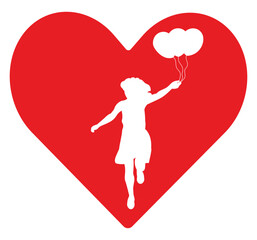 Romantic heart illustration featuring a child silhouette holding heart-shaped balloons. Symbol of love, innocence, happiness, freedom, and emotion. Ideal for Valentine’s Day, love, and family designs.