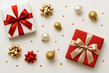 Festive flat lay of red and white gift boxes, gold bows, and Christmas ornaments scattered on a white background..