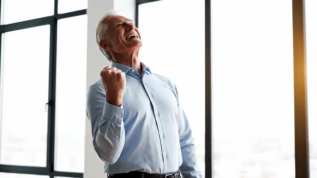 Happy senior businessman celebrates success with a victory fist pump in a modern office. Triumphant professional executive expresses joy for an achievement. Winning and accomplishment concept