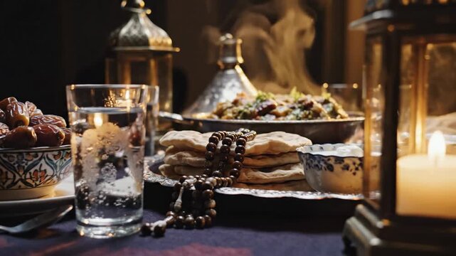 Traditional Ramadan Iftar table setting with dates prayer beads flatbread and lantern