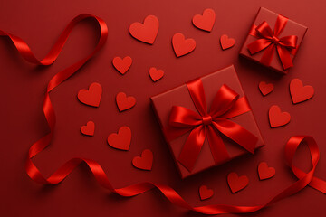 Valentine&rsquo;s themed flat lay with red gift boxes, heart shapes, and ribbon on a red background &mdash; perfect for love or romantic content..
