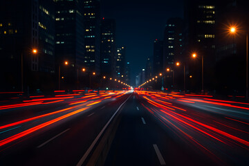 Long exposure of city highway at night with bright red and white light trails from fast-moving traffic and glowing street lamps..