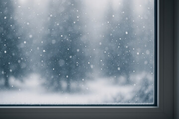 Snowflakes falling gently outside a home window, creating a peaceful winter scene with soft, cold atmosphere and blurred background..
