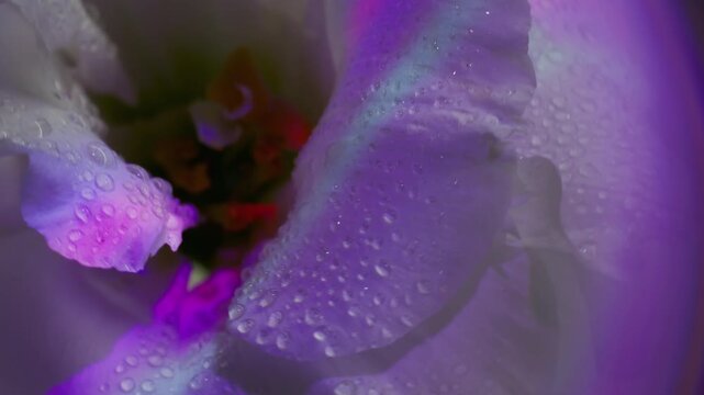 Light floral. Neon bloom art. Blur purple blue pink eustoma plant flower water nature dew pistils wet petals rainbow on abstract tropical background.