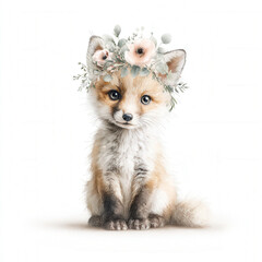 Adorable fox cub with floral crown on white background