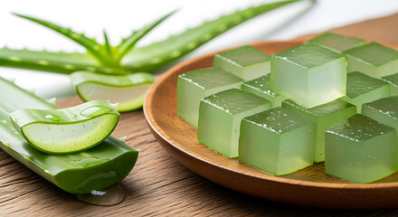 Fresh aloe vera slices and cubes on a wooden table plant leaves