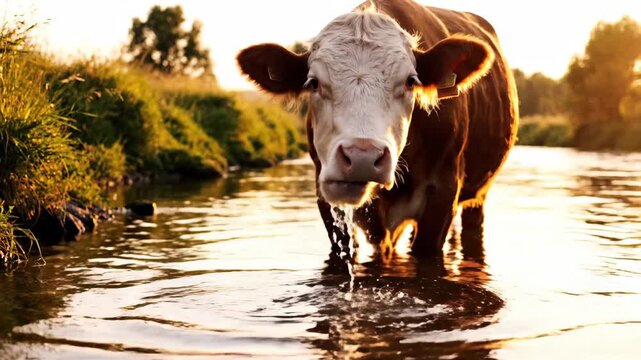 Cow Drinking Water in River at Sunset - A brown and white cow is standing in a shallow river drinking water.