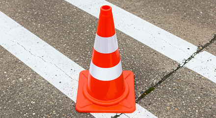 Orange and white traffic cone on a white marked road surface stripes