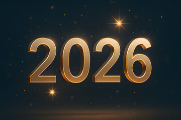Shiny golden &ldquo;2026&rdquo; text with glowing sparkles on a dark background, ideal for new year celebration or countdown visuals..