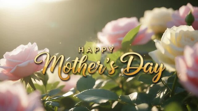 Animated Happy Mother's Day greeting with sparkling golden text. A beautiful floral background with pink and cream roses in a sunlit garden. Holiday celebration concept