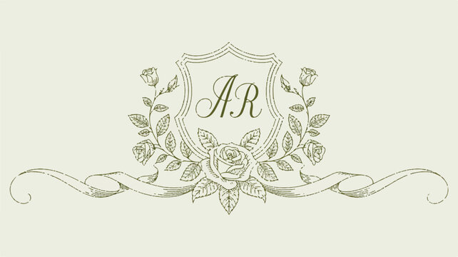 Vintage floral crest with ribbon and monogram AR