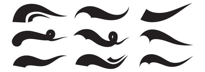 Fototapeta premium Calligraphic swoosh tail set, underline marker strockes. Baseball swoosh tails, isolated black vector. Hand drawn collection of curly swishes, swashes, swoops.