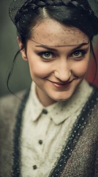 Mulher sorridente em Close-up com Eleg&acirc;ncia Atemporal e Olhar Profundo. Vintage