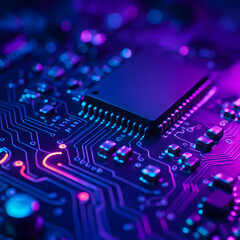 Macro photo of a glowing microchip embedded in a circuit board, lit with neon purple and blue futuristic lighting..